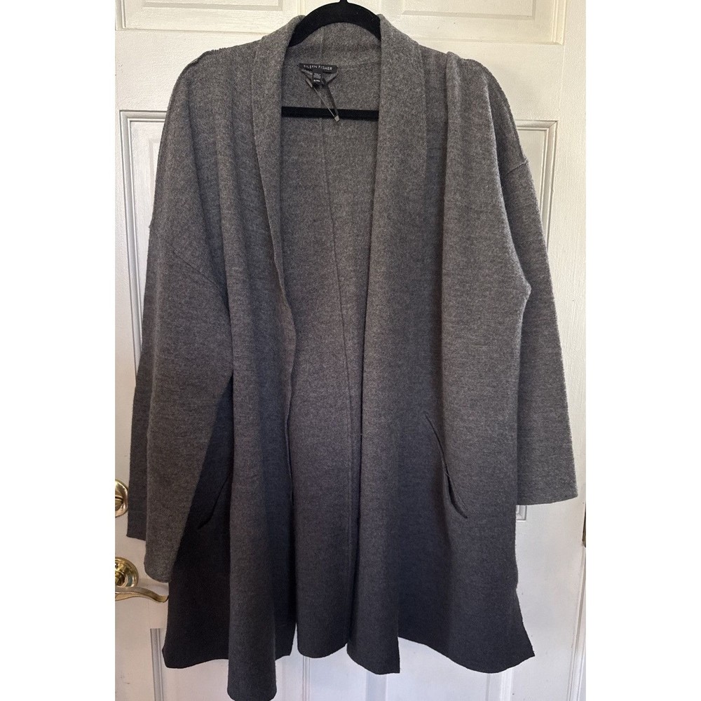 Eileen Fisher L/XL Wool Cardigan | Gray Open Front Summer Sweater Coatigan Wrap